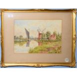 William Edward Mayes (1861-1952), Broadland Scene with Wherry passing a Mill, watercolour, signed