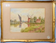 William Edward Mayes (1861-1952), Broadland Scene with Wherry passing a Mill, watercolour, signed