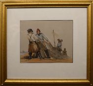 East Anglian School (19th Century), Fishermen hauling in the Net, watercolour, 19 x 25cm