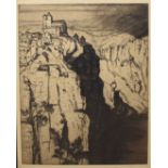 H R Wilson (20th Century), Continental Mountain Landscape, black and white etching, signed in