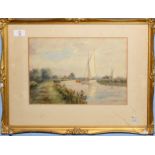 William Edward Mayes (1861-1952), Broadland Scene with Yacht, watercolour, signed lower right, 22 x