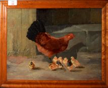 English School (19th/20th Century), Chicken with Chicks, oil on board, 29 x 39cm