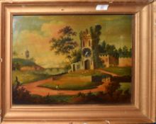 English School (19th Century), Landscape with Church, oil on tin picture clock, 29 x 41cm