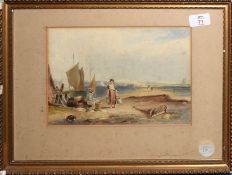English School (19th Century), Coastal Scene with Fisherfolk, watercolour, 18 x 26cm