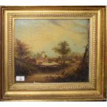 English School (19th Century), River Landscape with figure and mill etc, oil on canvas, bears