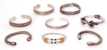 Mixed Lot: five white metal torque bangles, stamped 925, together with three hinged examples, 115gms