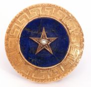 Late Victorian circular brooch, the lapis lazuli circular panel applied with a seed pearl set