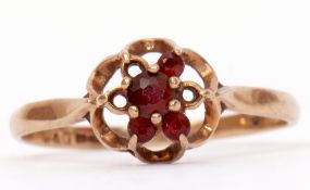 9ct gold and garnet cluster ring of flowerhead design (3 stones missing), size R/S, 2gms gross