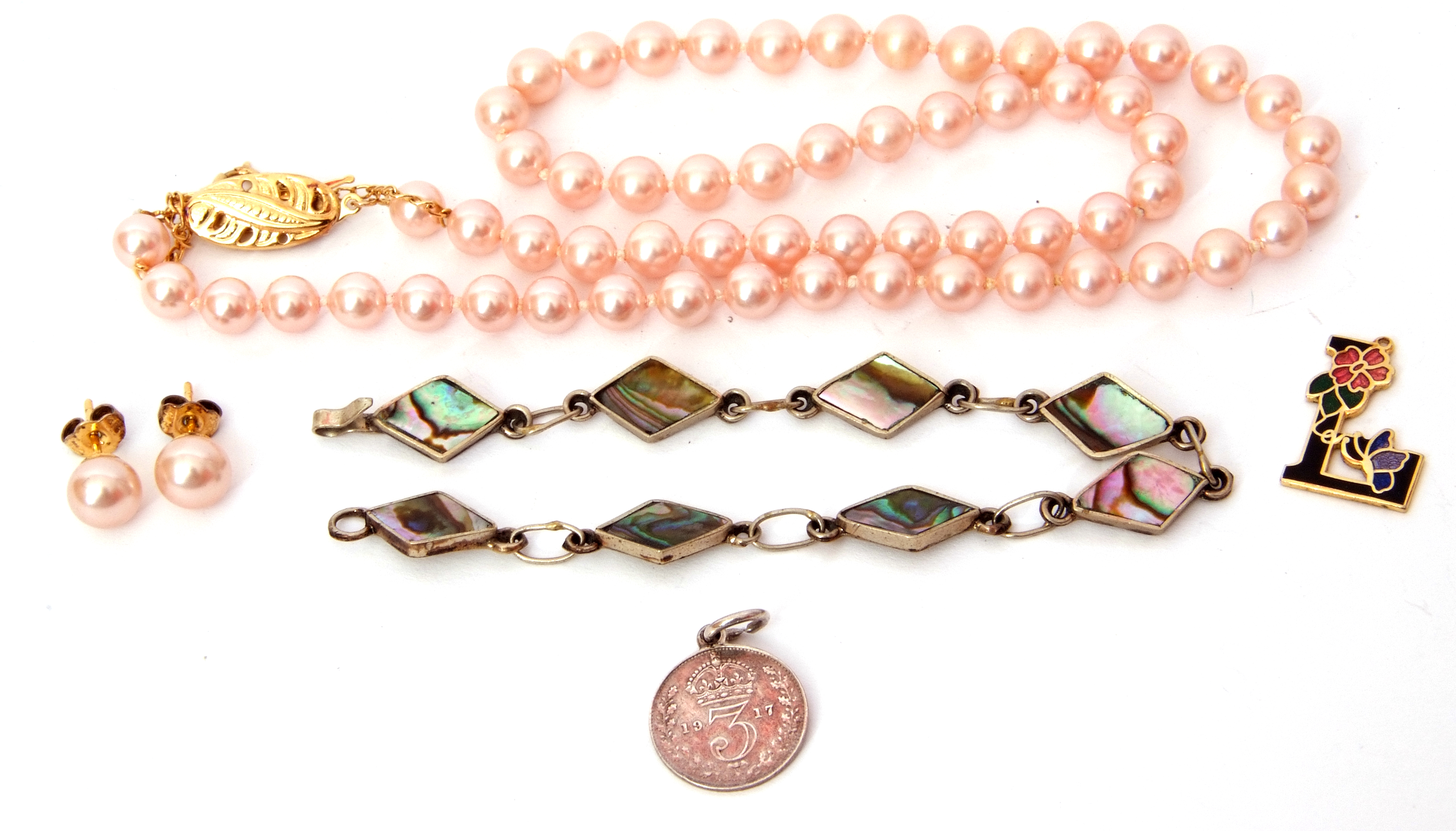 Mixed Lot: pink simulated pearl necklace, 925 stamped clasp, together with matching stud earrings,