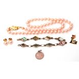 Mixed Lot: pink simulated pearl necklace, 925 stamped clasp, together with matching stud earrings,