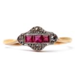 Ruby and diamond ring, the centre featuring a line of three calibre cut rubies, framed in a