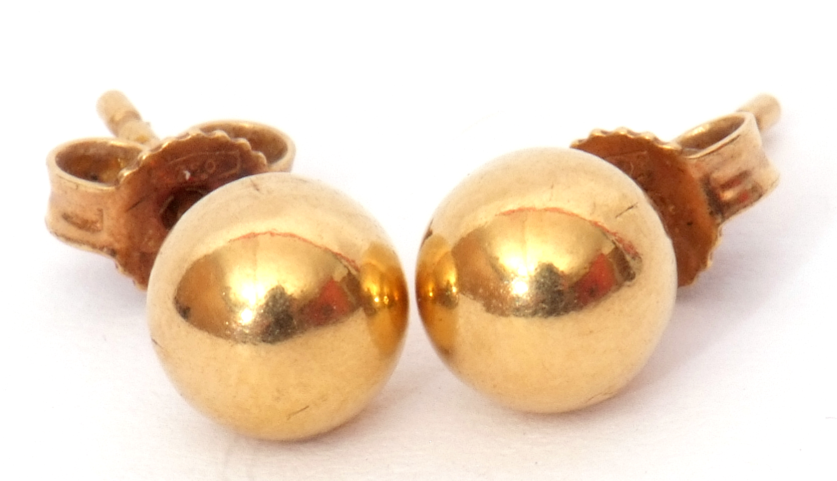 Pair of 750 stamped ball stud earrings, post fittings, 2gms