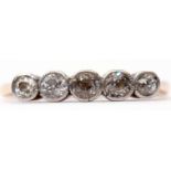 Five-stone diamond ring, each individually bezel set, stamped 18c, size O
