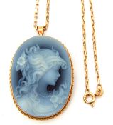 Large Italian blue agate carved cameo brooch/pendant, a head and shoulders profile of a lady, 4 x