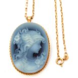 Large Italian blue agate carved cameo brooch/pendant, a head and shoulders profile of a lady, 4 x