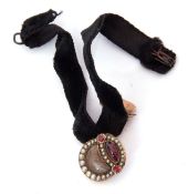 Victorian black velvet bracelet, the gold clasp set with glazed plaited hair panel decorated with