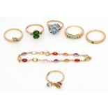 Mixed Lot: six modern 9ct gold dress rings, together with a 9ct gold and paste set ankle bracelet,