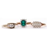 Mixed Lot: three modern dress rings to include a 9ct gold and three stone cubic zirconia example,