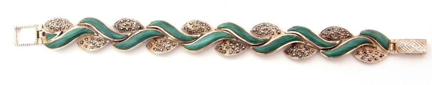 Modern white metal and marcasite and green panelled link bracelet, stamped 925, 180mm long