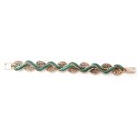 Modern white metal and marcasite and green panelled link bracelet, stamped 925, 180mm long