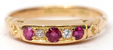 18ct gold ruby and diamond ring, alternate set with three graduated circular cut rubies and two