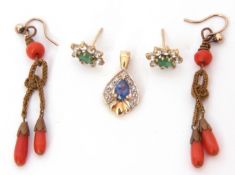Mixed Lot: modern 9ct gold sapphire and diamond pendant, together with two pairs of small earrings