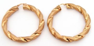 Pair of large 9ct gold hoop earrings, a hollow rope twist design, 6cm diam, 12.3gms