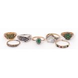 Mixed Lot: seven various 9ct gold dress rings, two highlighted with small diamonds, gross weight