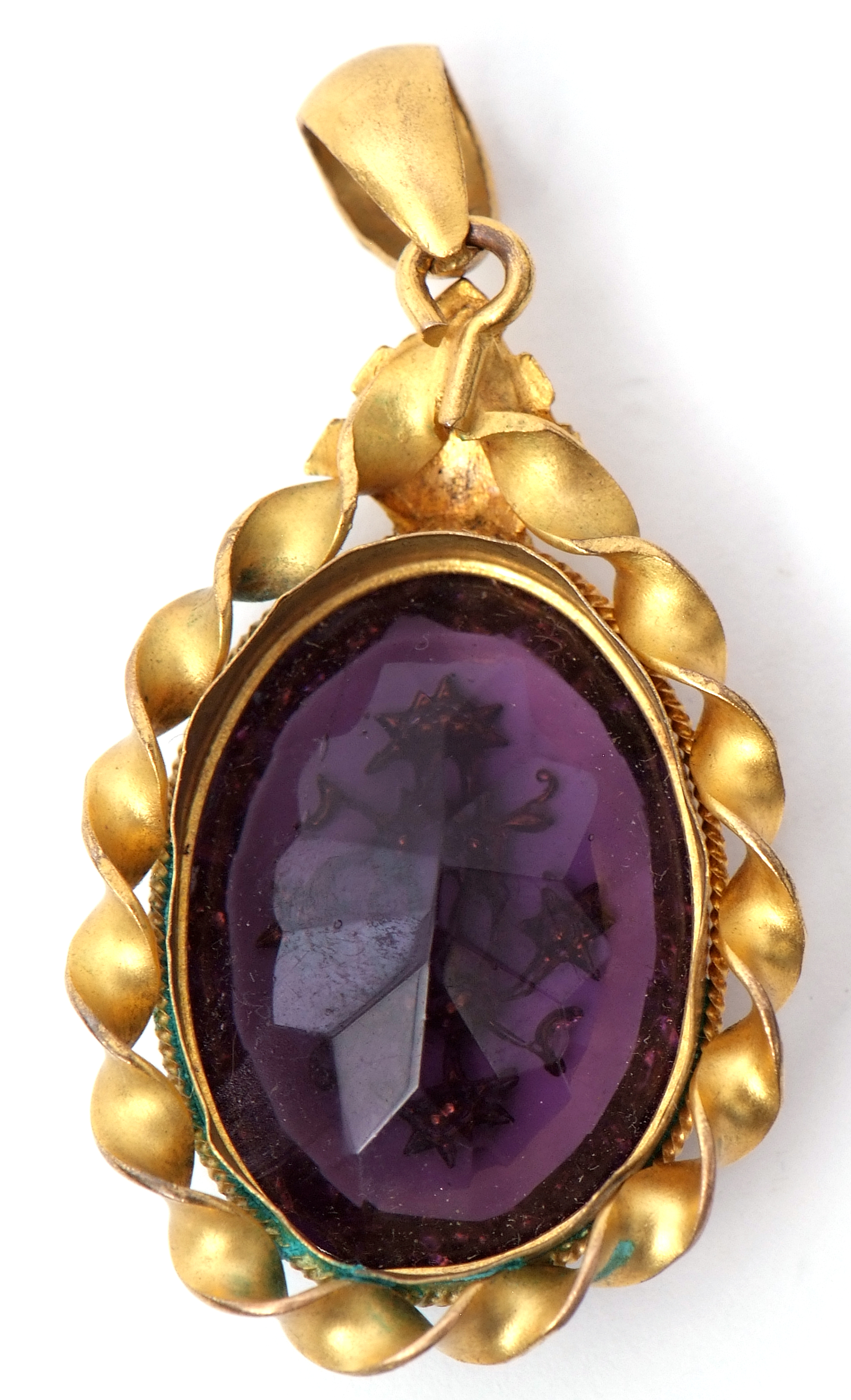Victorian oval purple glass pendant, the faceted centre engraved and set with six small milk glass - Image 2 of 3