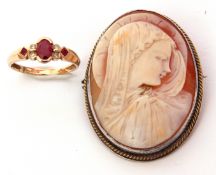 Mixed Lot: modern 9K stamped ruby and diamond ring, together with a carved shell cameo depicting a