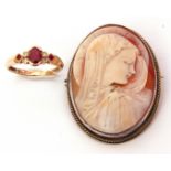 Mixed Lot: modern 9K stamped ruby and diamond ring, together with a carved shell cameo depicting a