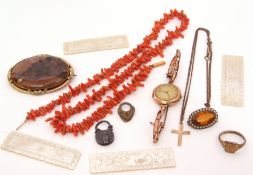 Mixed Lot: four Chinese mother of pearl gaming tokens, antique stag coral necklace, Victorian