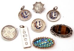 Mixed Lot: two silver and enamelled hallmarked pendants, a matching badge, maker's mark for Mappin &