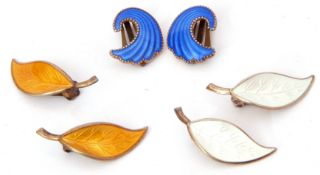 Mixed Lot: three pairs of vintage David Andersen of Norway white metal and enamel clip earrings, two