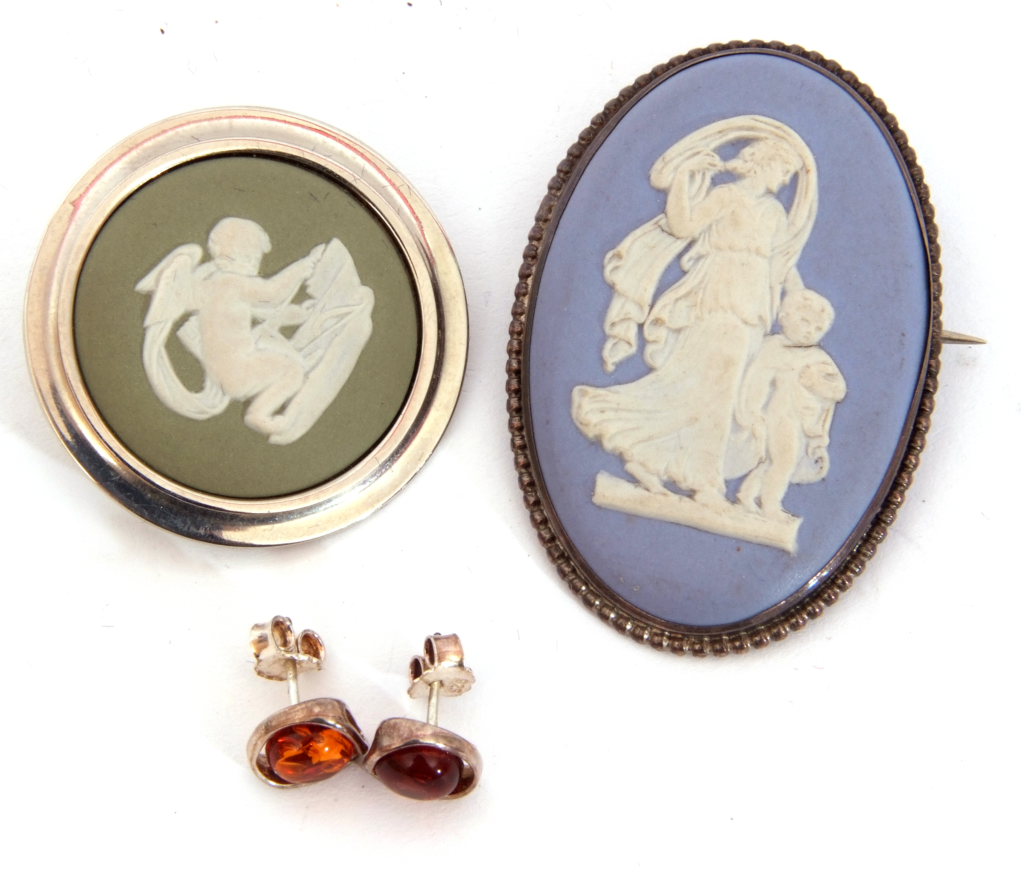 Mixed Lot: oval shaped Wedgwood light blue jasperware brooch depicting a goddess and a cherub, a