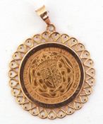 A 500th anniversary gold half-sovereign, 1489-1989, mounted in a 9ct gold pendant mount, gross