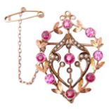 Antique natural seed pearl and pink stone openwork brooch stamped 9ct, 4 x 3cm