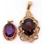 Mixed Lot: amethyst and 9ct gold framed pendant, together with a quartz and 9ct gold framed pendant,