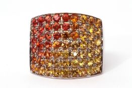 Modern 925 stamped cocktail dress ring, large panel set with yellow, amber and orange coloured