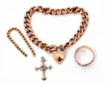 Mixed Lot: 9ct rose gold curb link bracelet with heart padlock, a 9ct gold chased ring (a/f)