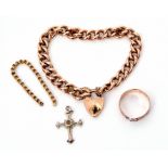 Mixed Lot: 9ct rose gold curb link bracelet with heart padlock, a 9ct gold chased ring (a/f)