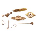 Mixed Lot: 15ct gold Etruscan brooch set with two small seed pearls, Chester 1895, a Victorian 9ct