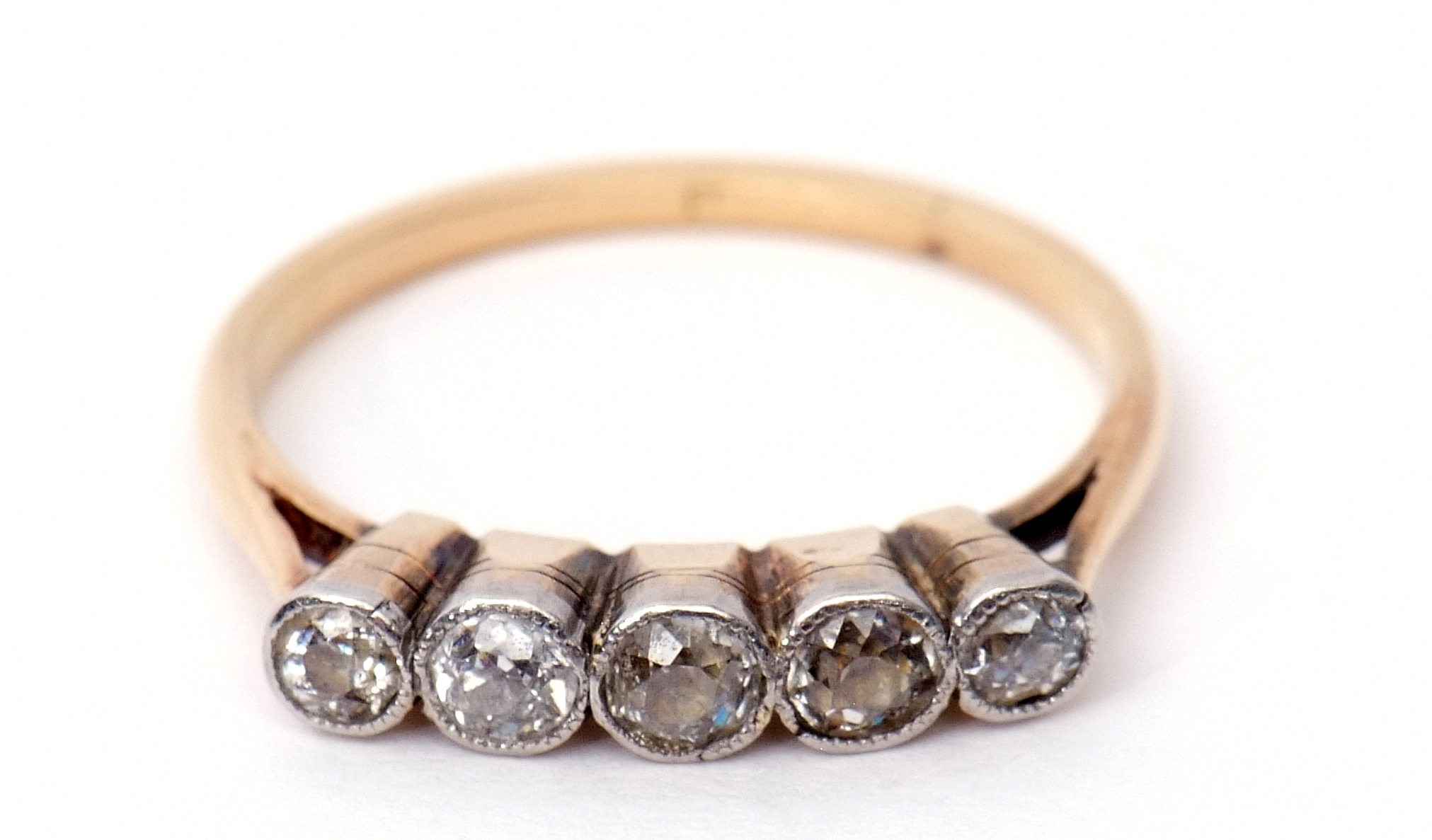 Five-stone diamond ring, each individually bezel set, stamped 18c, size O - Image 2 of 8