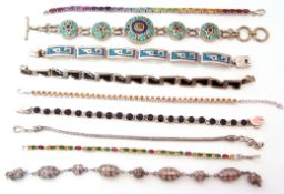 Mixed Lot: two white metal and inlaid Mexican panel bracelets, both stamped 925, six 925 stamped