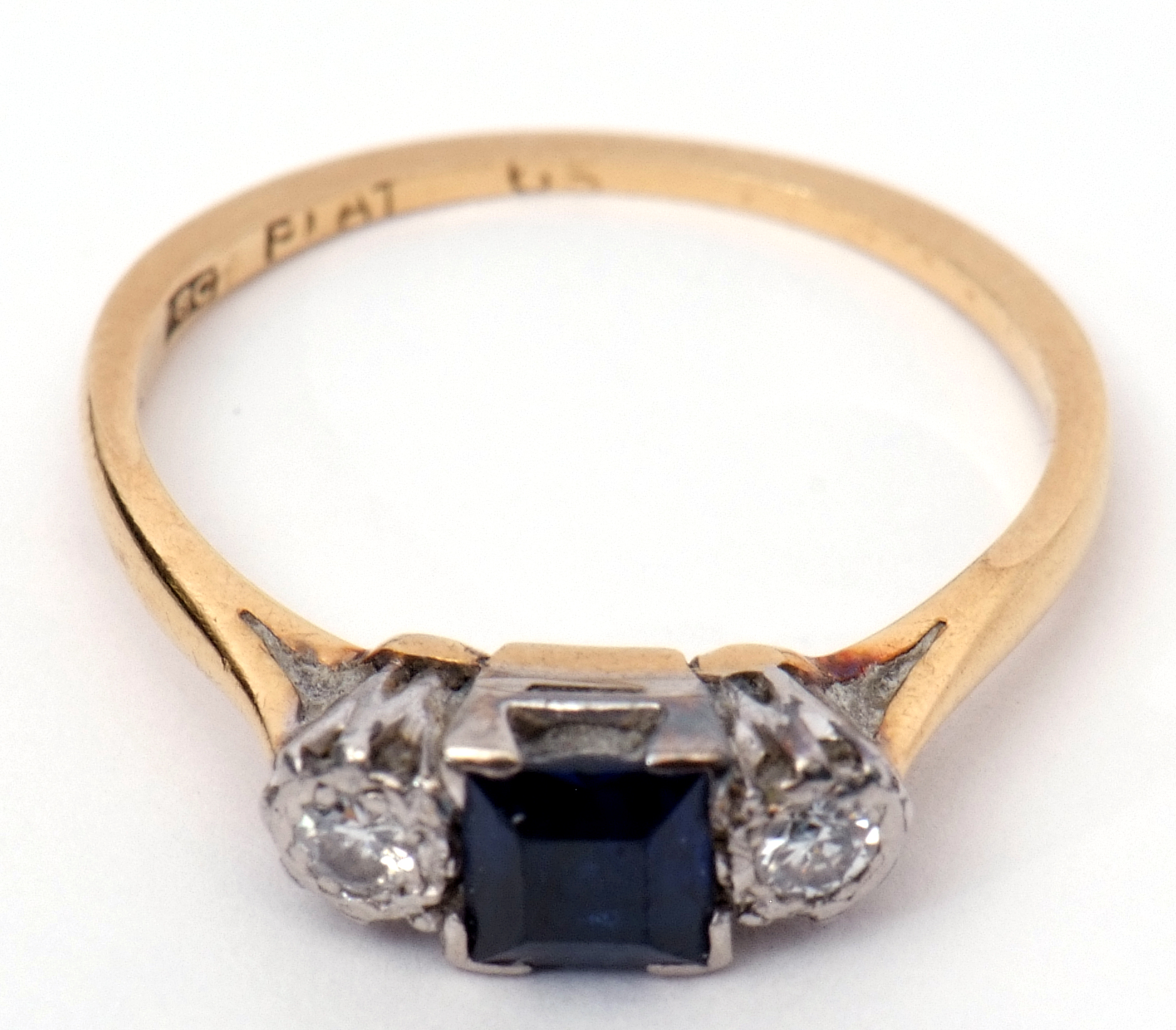 Art Deco sapphire and diamond ring, the square cut sapphire flanked by two small brilliant cut - Image 7 of 8