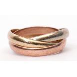 Modern Trinity tri-colour ring, the rose coloured ring stamped B. Bros 375, 3.9gms, size K