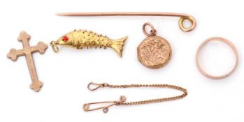 Mixed Lot: 9ct gold cross, a 14K stamped articulated fish charm pendant, a 9ct stamped plain ring, a