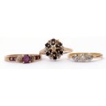 Mixed Lot: three stone small diamond ring stamped 9ct and Plat, together with two 9ct gold dress