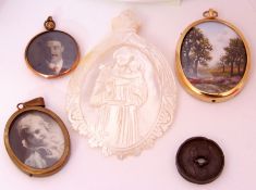 Mixed Lot: hand painted oval miniature of two people in a landscape, large mother of pearl oval