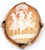 Antique large shell cameo, depicting The Three Graces, 6 x 5cm, framed in a yellow metal mount